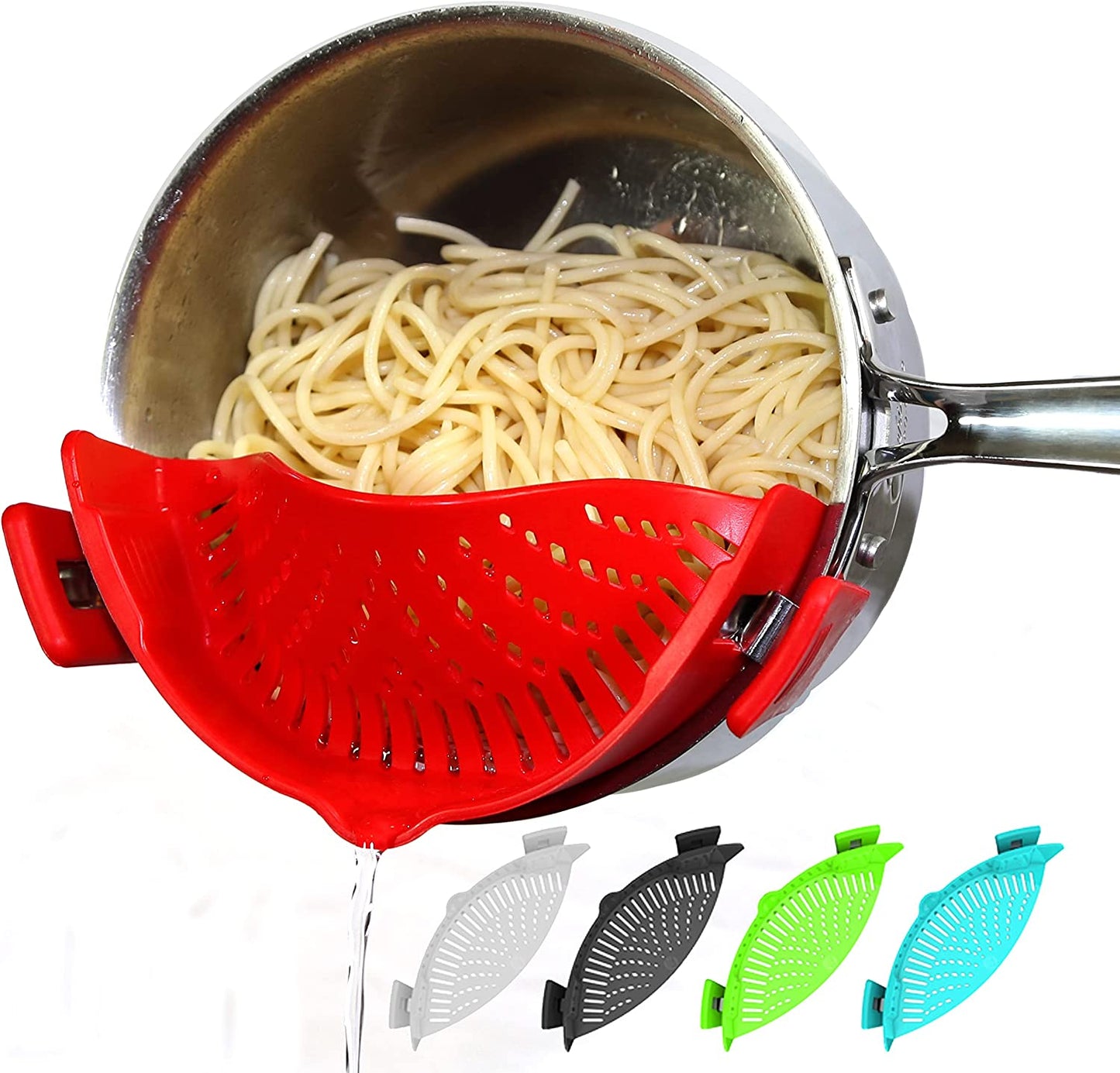 Clip on Pasta Strainer Silicone Universal Fit for All Pots and Bowls Snap on Drainer for Meat, Vegetables, Fruit Colander for Kitchen Easily Drain Food Space Saving