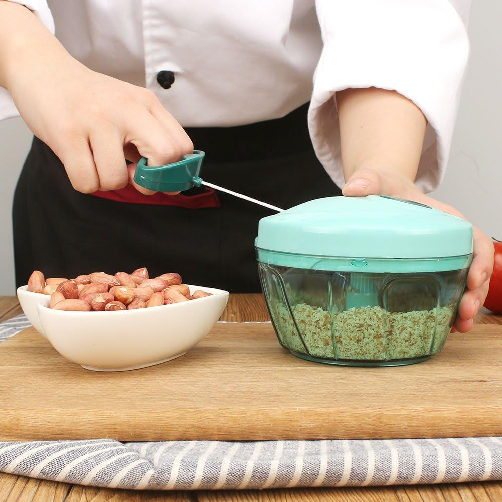 Manual Food Processor Vegetable Chopper, Portable Hand Pull String Garlic Mincer Onion Cutter for Veggies, Ginger, Fruits, Nuts, Herbs, Etc., 500Ml, Blue