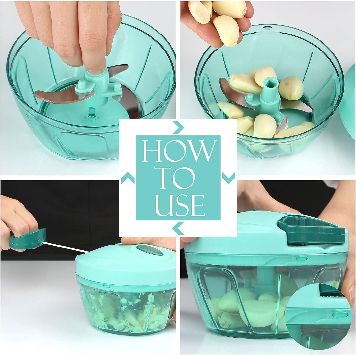 Manual Food Processor Vegetable Chopper, Portable Hand Pull String Garlic Mincer Onion Cutter for Veggies, Ginger, Fruits, Nuts, Herbs, Etc., 500Ml, Blue