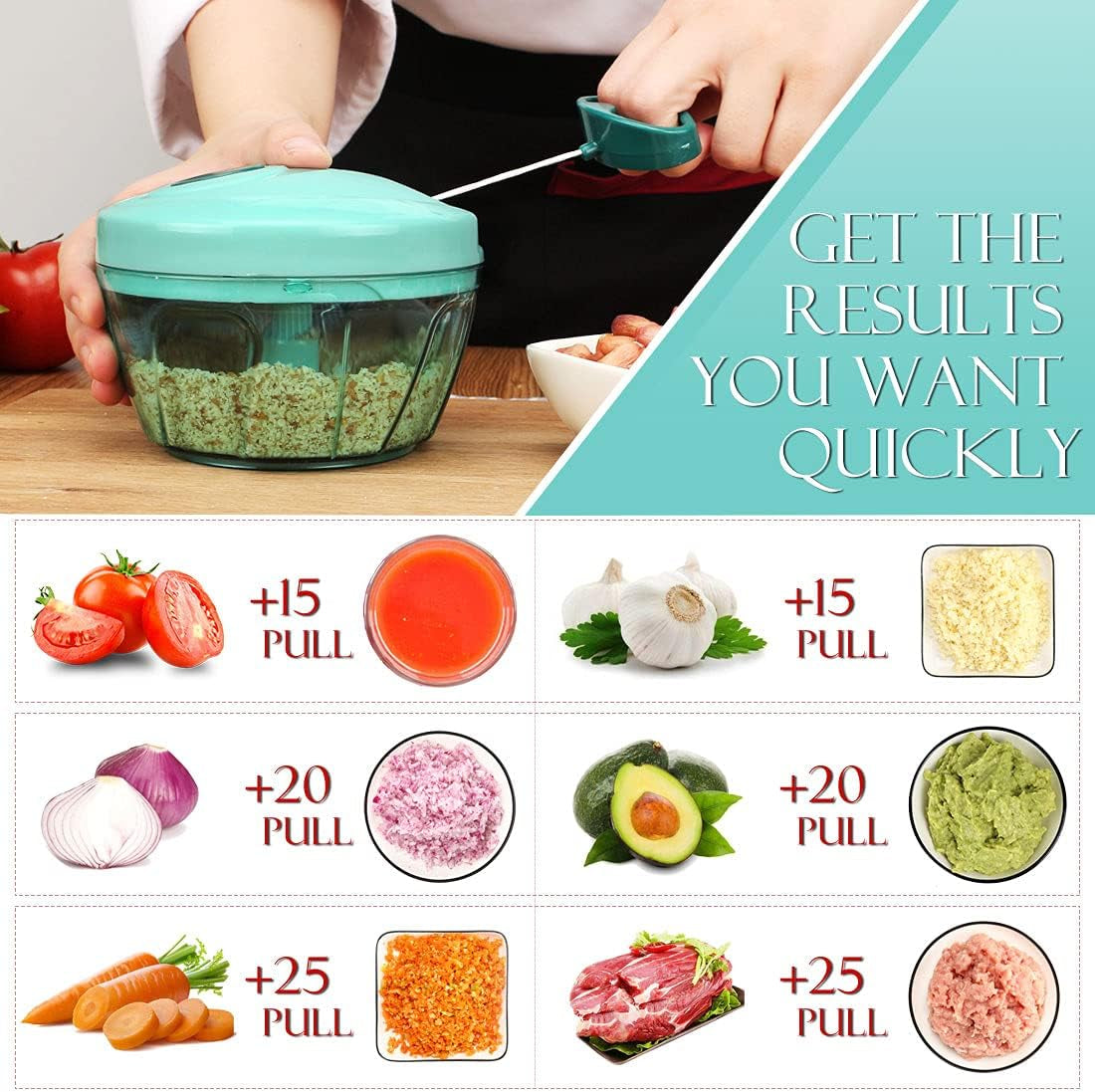 Manual Food Processor Vegetable Chopper, Portable Hand Pull String Garlic Mincer Onion Cutter for Veggies, Ginger, Fruits, Nuts, Herbs, Etc., 500Ml, Blue
