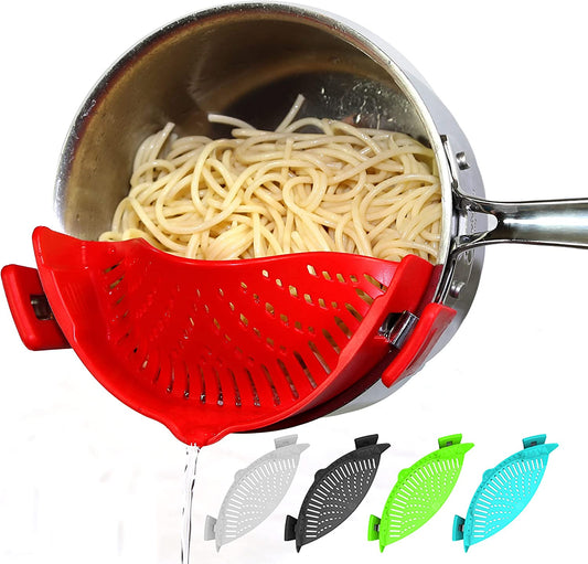 Clip on Pasta Strainer Silicone Universal Fit for All Pots and Bowls Snap on Drainer for Meat, Vegetables, Fruit Colander for Kitchen Easily Drain Food Space Saving